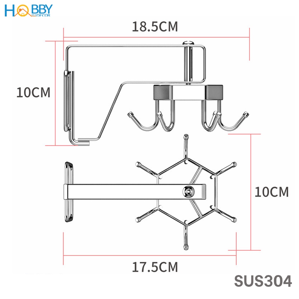 Giá móc treo muỗng vá xoay 360 độ HOBBY Home Decor MX6S dán tường gạch men - kèm 6 móc treo - chuẩn Inox 304