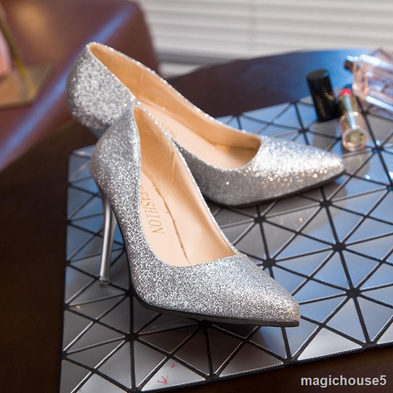 Giày cao gót màu bạc đính kim tuyến lấp lánh thời trang đi tiệc 2021 cho nữ