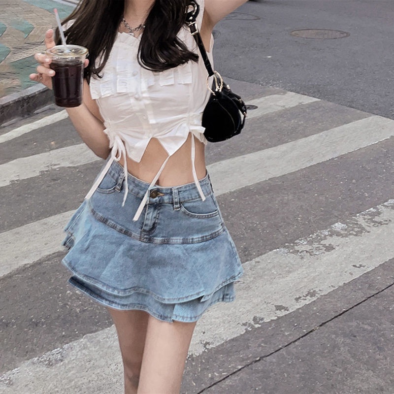Jiashucheng Chân Váy Denim Lưng Cao Xếp Ly Xinh Xắn Dành Cho Nữ