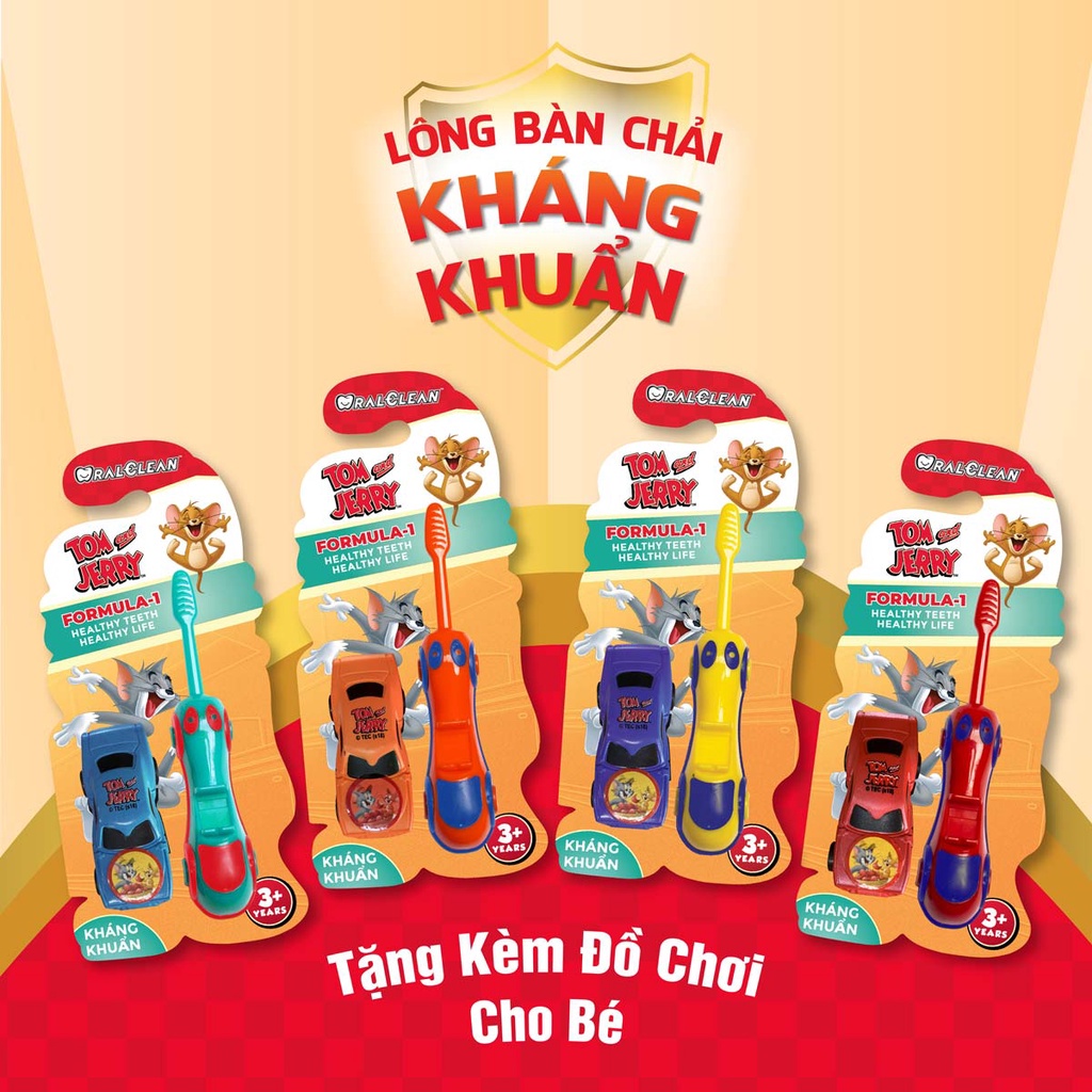 Bàn chải đánh răng trẻ em OralClean Tom&amp;Jerry Formula-1 Kids Soft (Tặng kèm xe hơi đồ chơi)