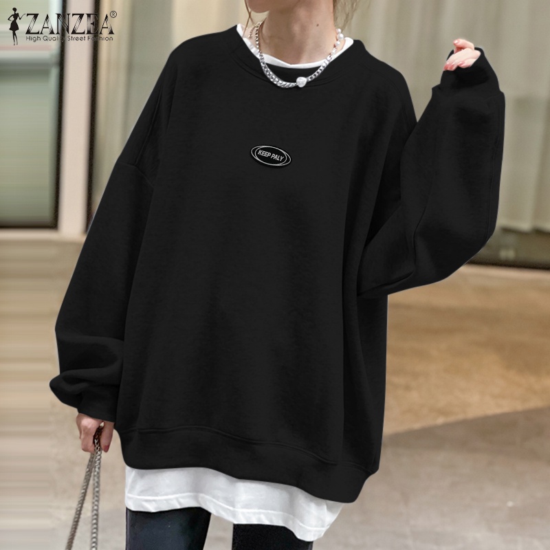Áo sweater ZANZEA màu trơn dáng rộng cổ chữ O phong cách giản dị thời trang đường phố cho nữ