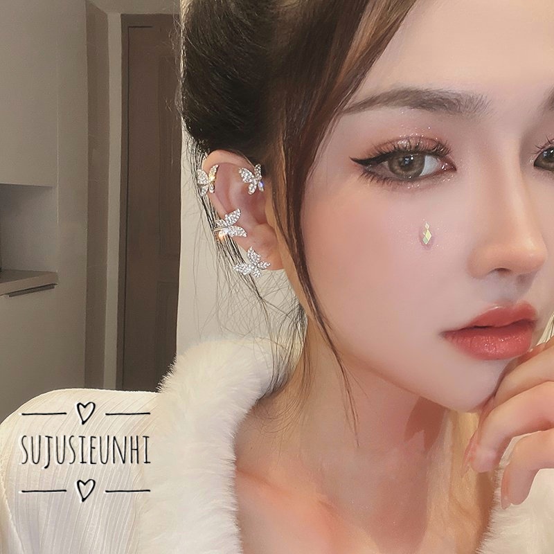 (KHÔNG XỎ) khuyên tai 4 bướm đính đá nhân tạo kẹp vành dành cho phái nữ