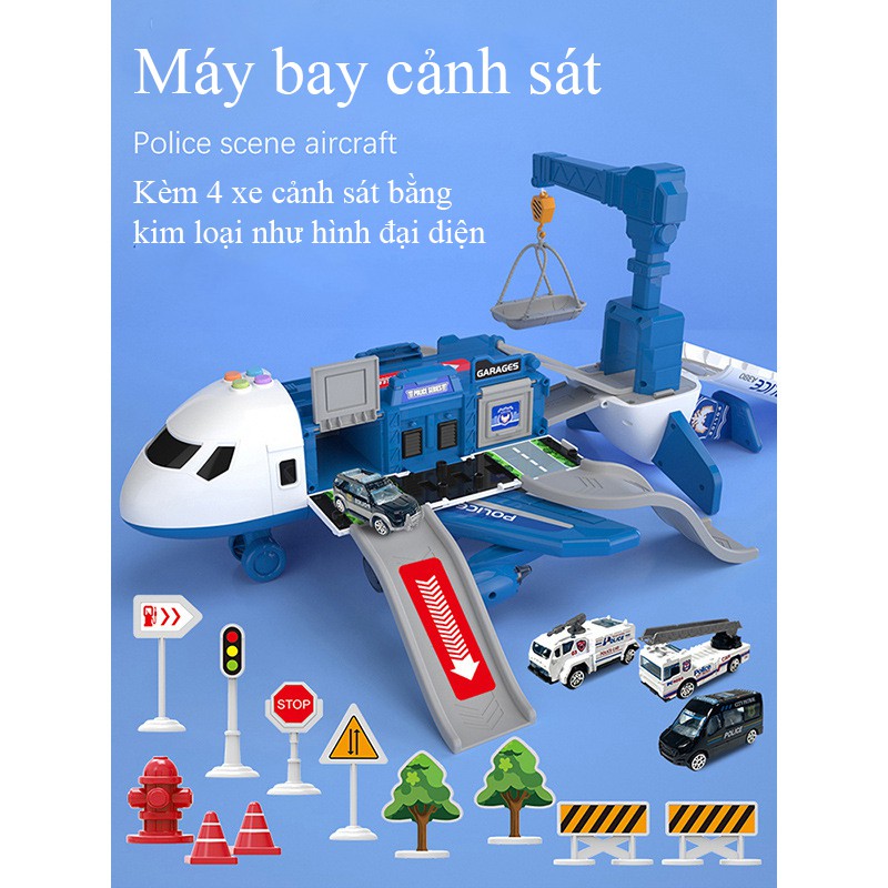 Bộ đồ chơi máy bay chở đồ KAVY kèm 4 xe cảnh sát bằng kim loại, có giàn cẩu, thang trượt, biển báo đa chức năng chạy pin