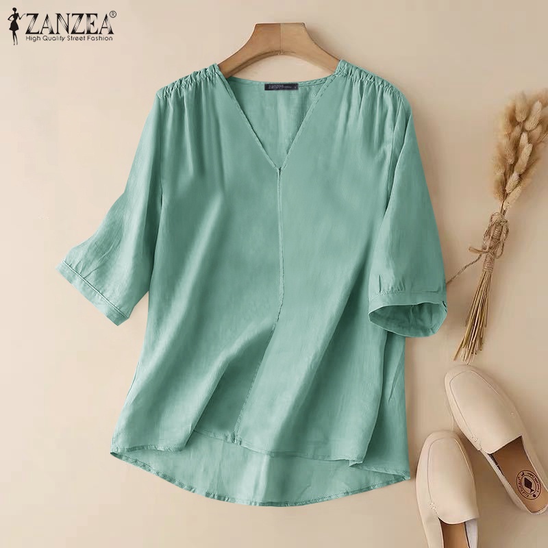 Áo sơ mi ZANZEA tay lửng cổ chữ V màu trơn phong cách vintage dành cho nữ