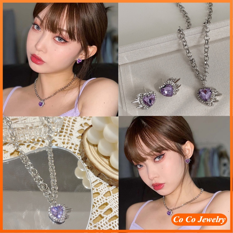 Set vòng cổ + bông tai hình trái tim màu tím thời trang phong cách Hàn Quốc
