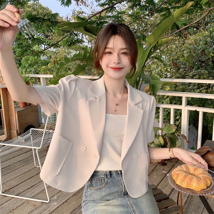 Áo khoác blazer SUXI tay ngắn màu trơn phong cách cổ điển thời trang mùa hè cho nữ