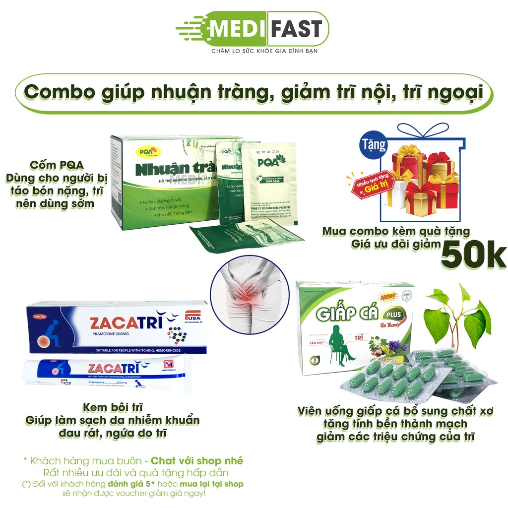 Viên diếp cá bổ sung chất xơ kết hợp Cốm PQA nhuận tràng và kem bôi zacatri giúp giảm trĩ nội, trĩ ngoại, ngừa táo bón