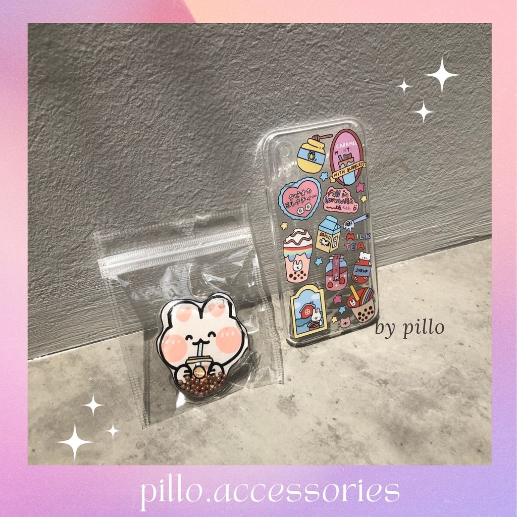 Ốp lưng điện thoại Iphone họa tiết trà sữa kèm popsocket thỏ cao cấp - Pillo A3