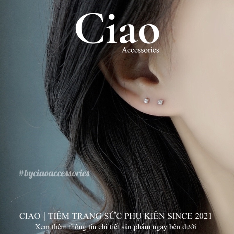 [HOẢ TỐC 1H] Khuyên tai/ Bông tai mạ bạc S925 thiết kế đính đá vuông Agnes Tiny Ciao