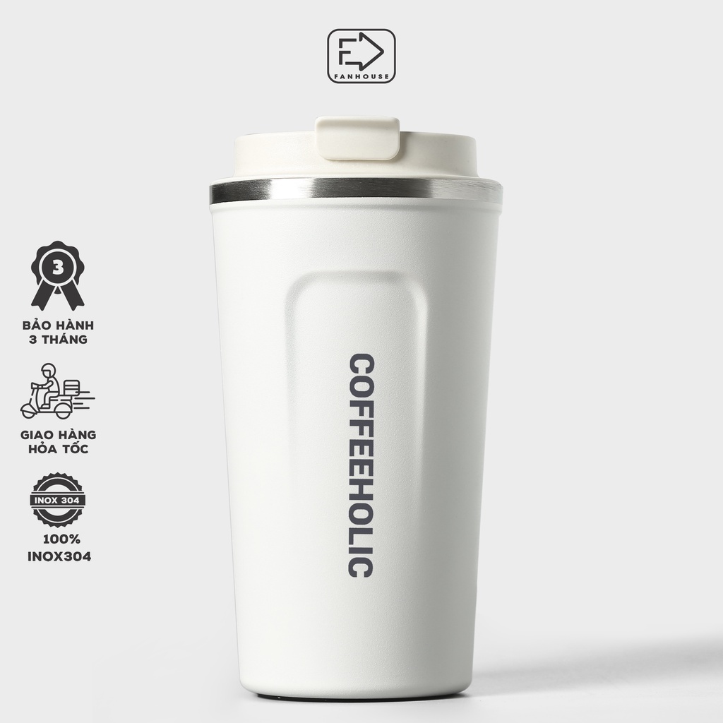 Cốc giữ nhiệt Coffeeholic 380ml Fan House, inox 304, chống tràn, ly uống cafe, đựng nước, lạnh, nóng 6 - 8 tiếng