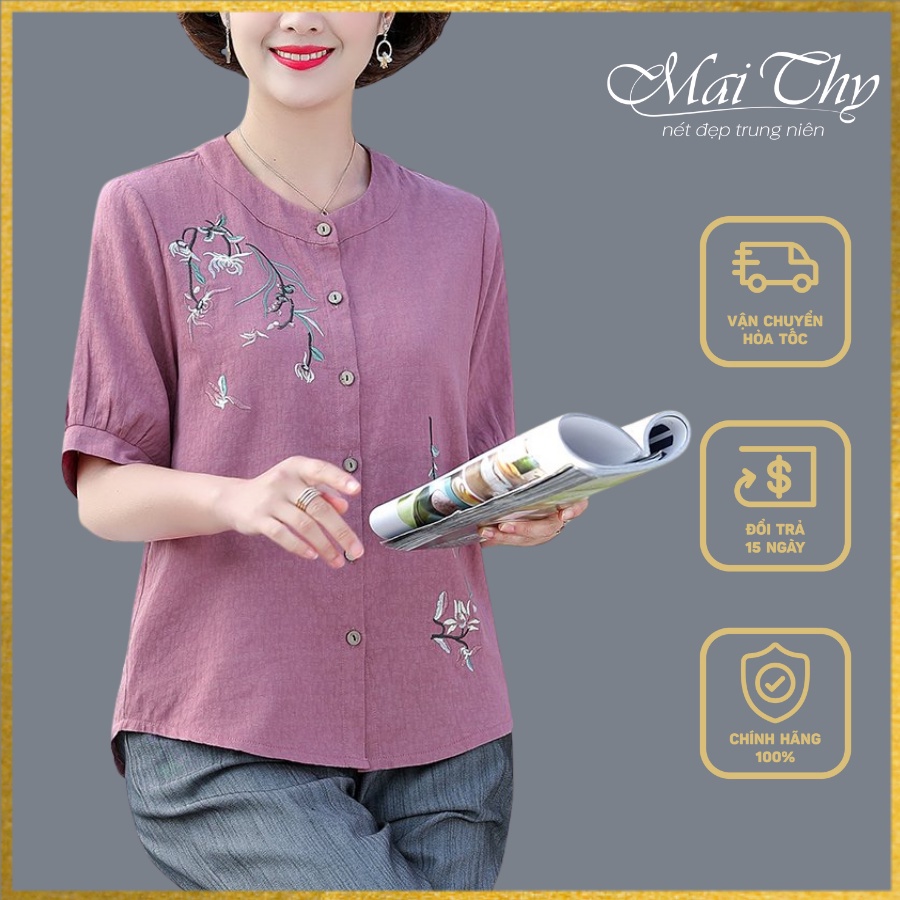 Áo Trung Niên MT711, Mẫu Áo Kiểu Trung Niên Tay Ngắn Cổ Tròn Thêu Hoa Form Rộng Bigsize, Thời Trang Nữ Mai Thy