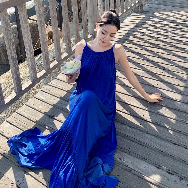 Đầm maxi xanh coban siêu cổ tích hở lưng sexy siêu dài