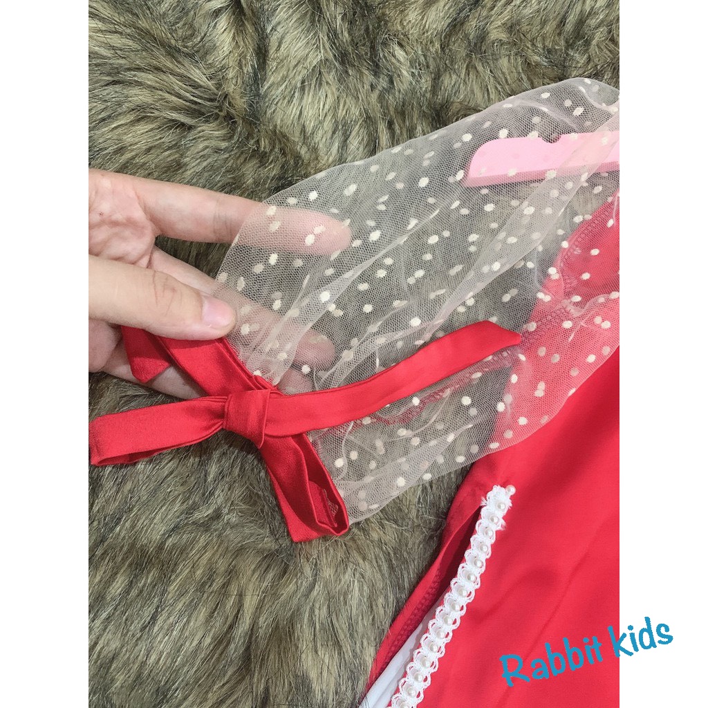Áo Dài Cách Tân Bé Gái FREESHIPTẶNG BỜM NGỌC-Rabbit Kids-Đầm Tết Cho Bé Lụa Đỏ Tay Lưới Nhung