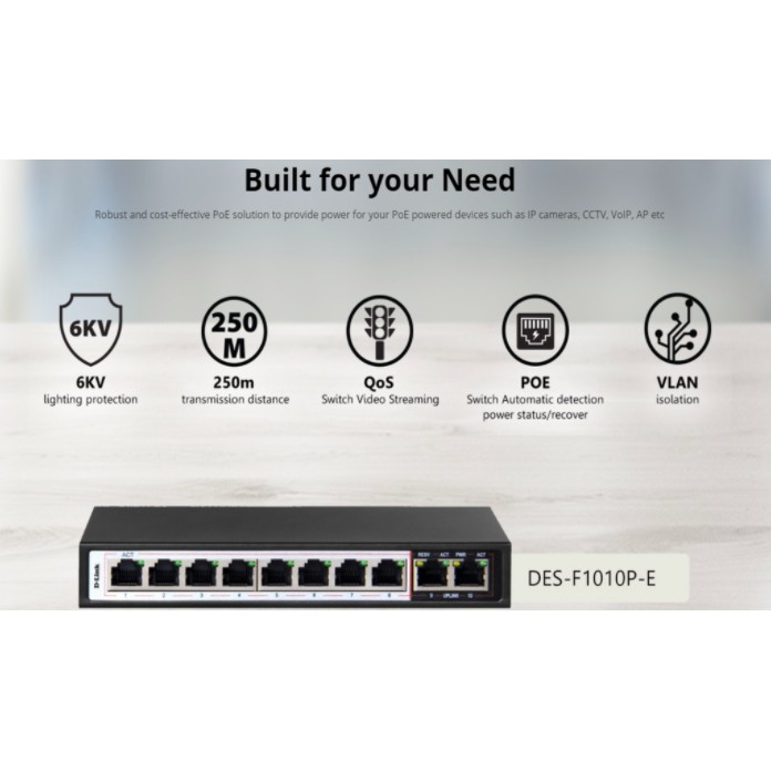 D-LINK DES-F1010P-E - Bộ chia cổng mạng 250M 10 cổng 10/100 (8 cổng PoE + 2 cổng uplink)