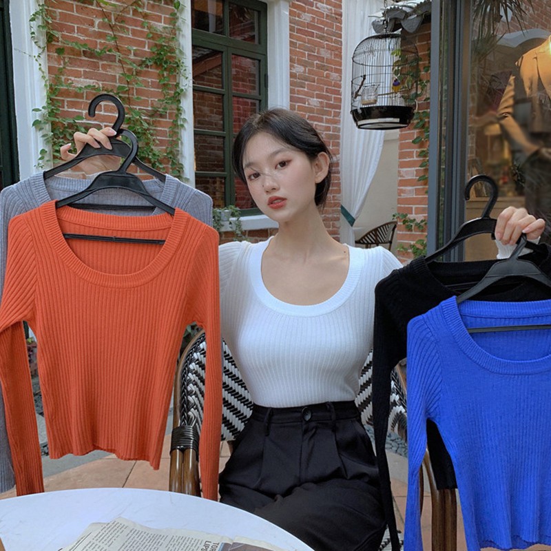 Women's U-Neck Solid Color Slim Casual Long Sleeve Knitted Tops