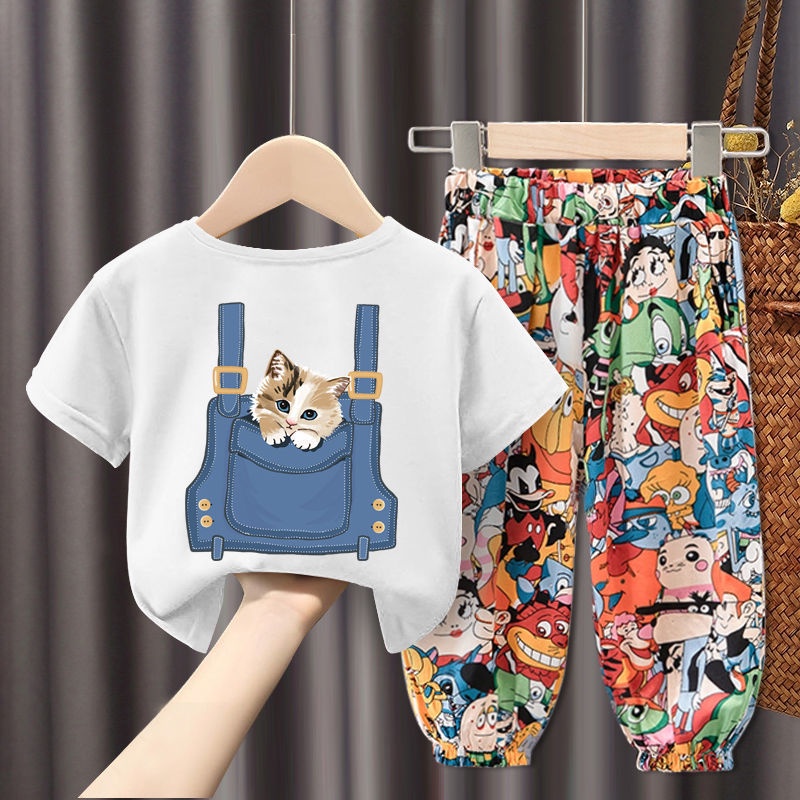 Bộ Áo Thun Cotton Ngắn Tay In Hoạt Hình + Quần Bó Thời Trang Mùa Hè Cho Bé