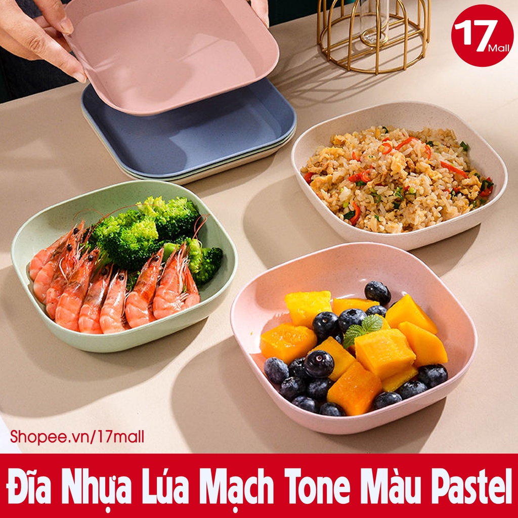 Đĩa nhựa lúa mạch tone màu Pastel, Dĩa nhựa đựng thức ăn, trái cây, bánh kẹo hình vuông sang trọng, tiện dụng
