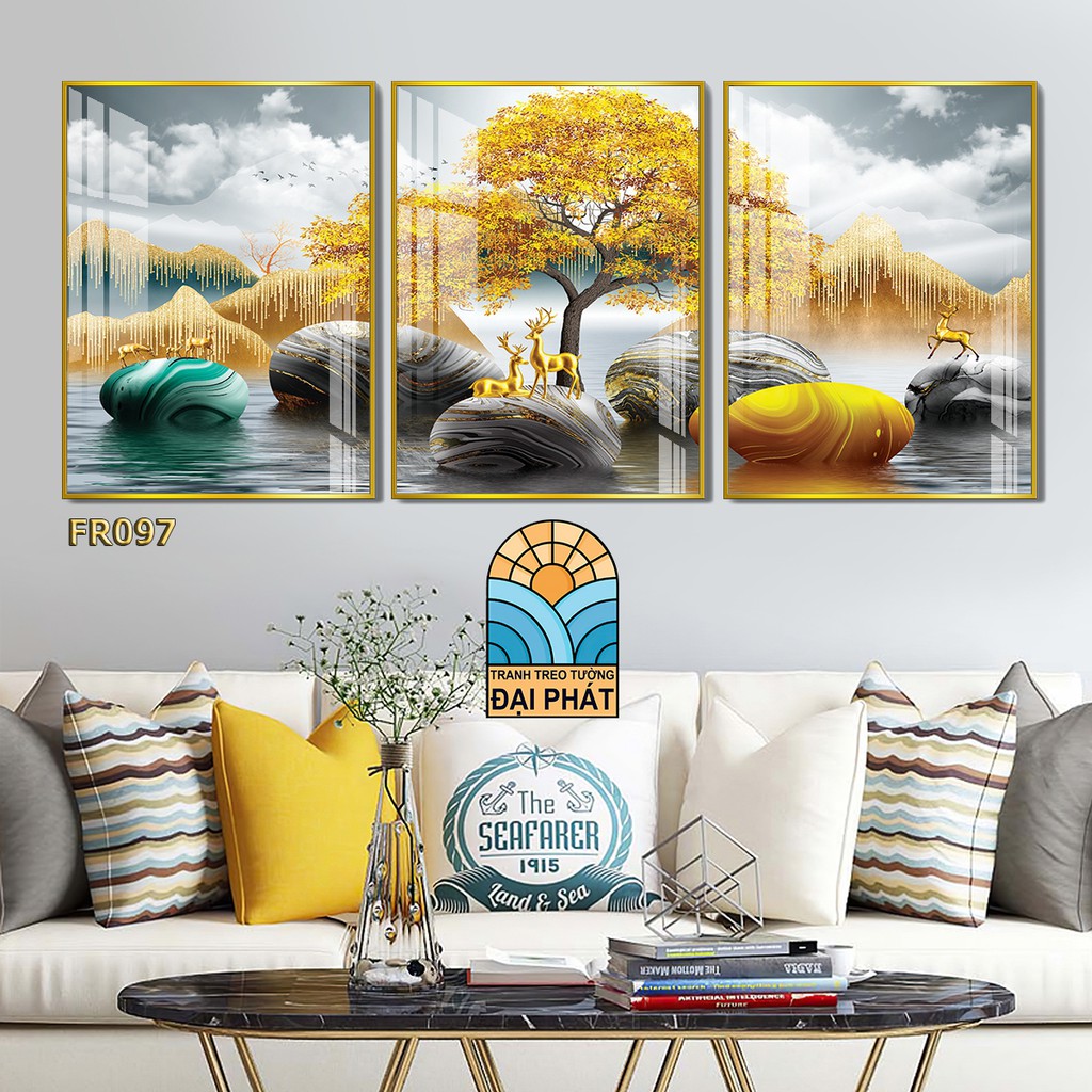 Bộ 3 tranh treo tường tone vàng kim tiền phong thủy treo tết