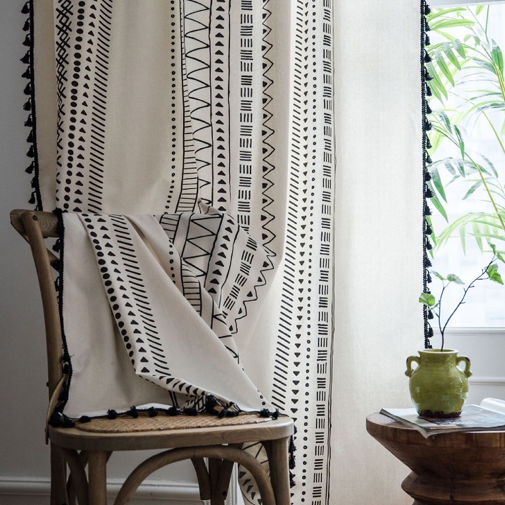 Rèm cửa sổ Vải Canvas Màu Đen In Họa Tiết Hình Học Phối Tua Rua Phong Cách Boho Trang Trí Nhà Cửa