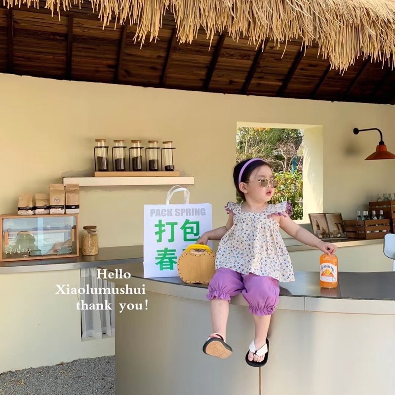 Set áo hoa đũi + quần chun ống cho bé gái