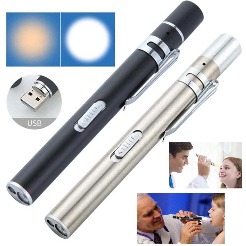 Đèn Pin LED Hình Cây Bút Bỏ Túi 2 Trong 1 Ánh Sáng Trắng & Vàng Có Thể Sạc Lại Bằng Cổng USB Dùng Cho Y Tá