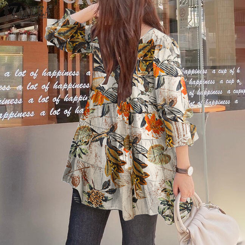 Áo kiểu ZANZEA tay dài phồng cổ tròn in họa tiết hoa thời trang dành cho nữ
