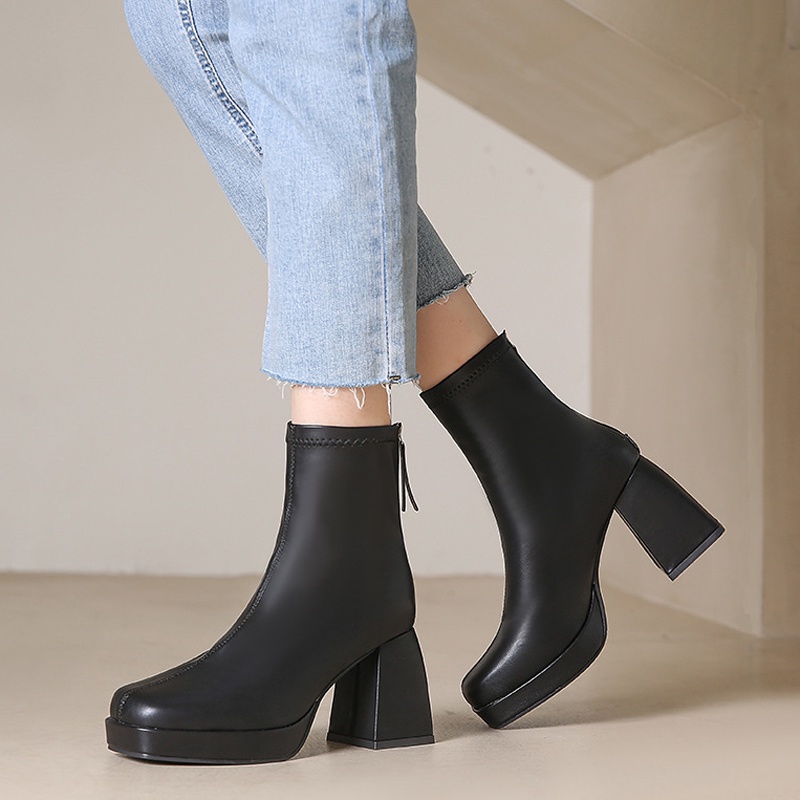Giày boot Martin cao gót IELGY chống thấm nước có khóa kéo phía sau phong cách Hàn Quốc thời trang cho nữ