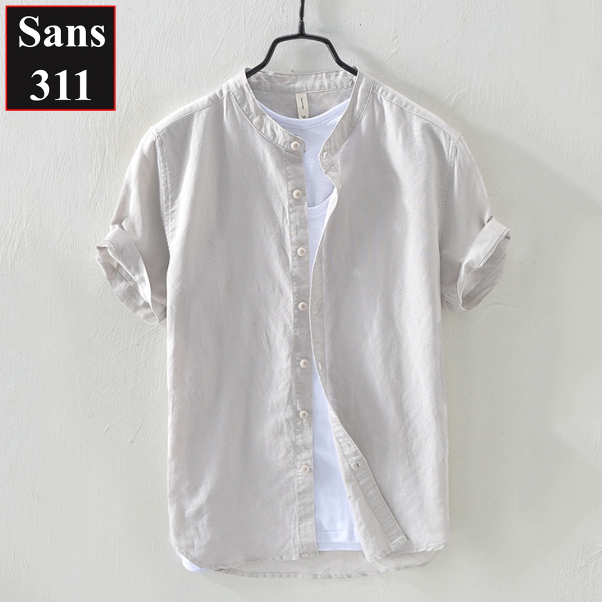 Áo sơ mi nam ngắn tay Sans311 chất linen đũi trơn thoáng mát đẹp cổ trụ cao cấp trắng xanh dương xám nhạt than be