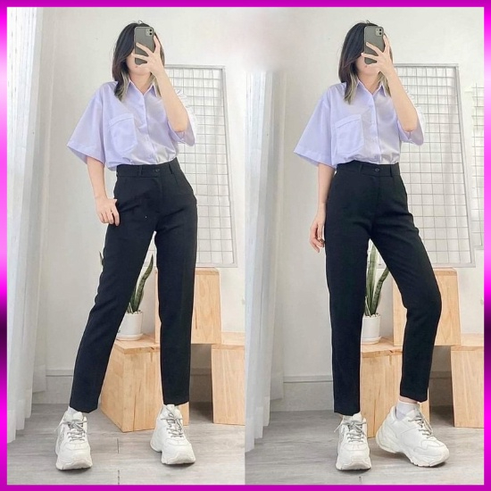 Quần tây baggy đi học nữ cạp có đai lưng cao màu đen dáng dài - Quần vải công sở Vitex dày dặn phối áo sơ mi đi học l368