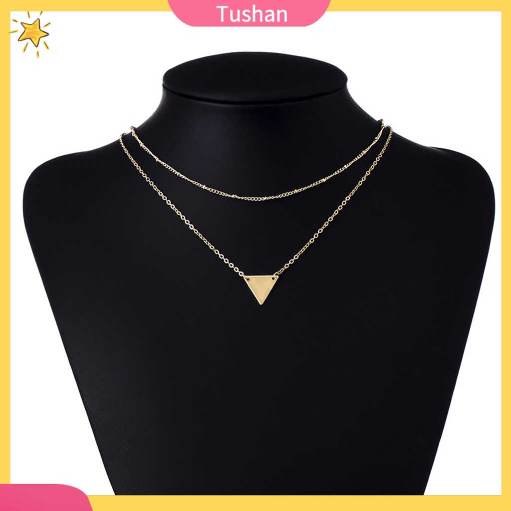 TUSH_Women Simple Stylish Multilayer Chain Geometric Triangle Pendant Short Necklace