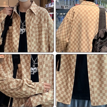 Áo sơ mi tay dài thời họa tiết sọc caro phong cách Hàn Quốc thời trang sành điệu cho nam và nữ