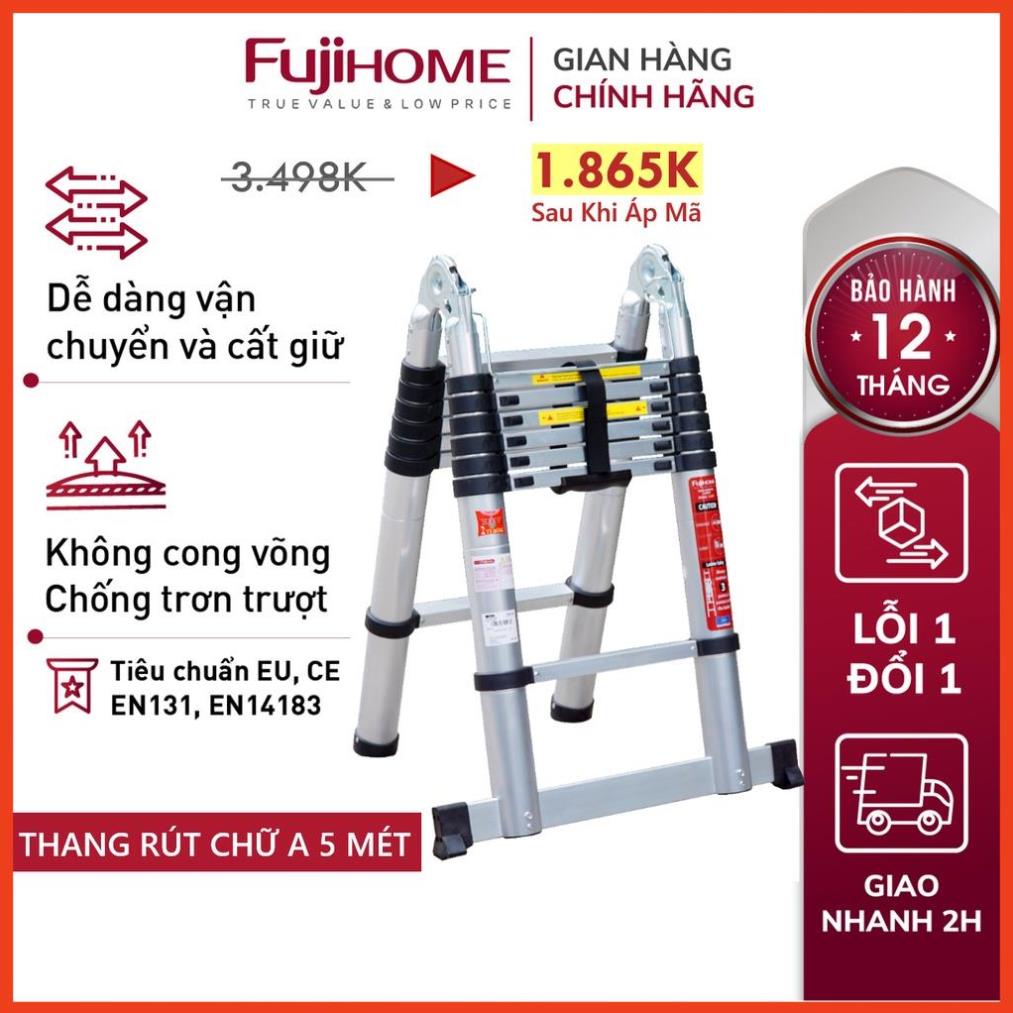 Thang nhôm rút chữ A FUJIHOME 3,8M - 5M gấp gọn chính hãng, thang rút đơn xếp gọn gia đình đa năng, thương hiệu Nhật Bản