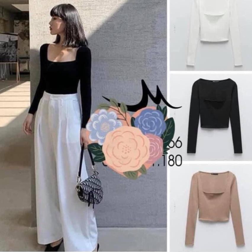 Áo Croptop Len ZIP Cổ Vuông Nữ ♥ Thun tăm dài tay, phông trơn body dáng suông ôm màu ĐEN | TRẮNG | NUDE Ulzzang HOT ♥ *