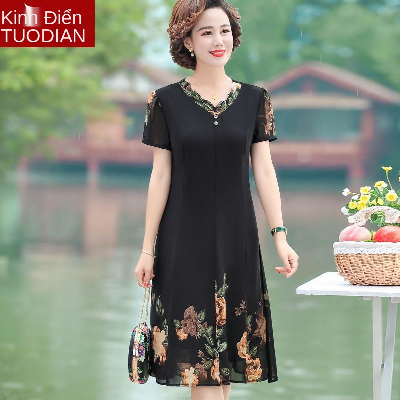 ⊕☫Váy mẹ trung niên hè nữ 2021 kiểu mới phương tây và phụ 40 tuổi 50 voan ngắn tay