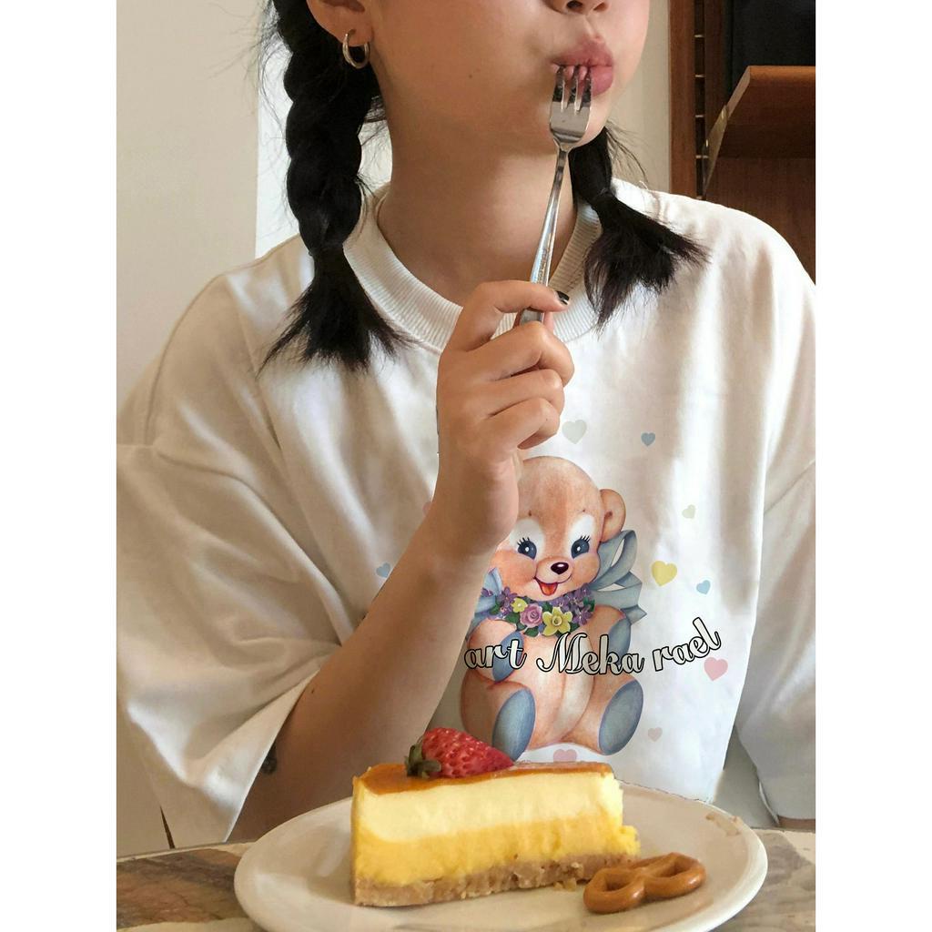 Áo Thun Cổ Tròn In Hình Gấu Thời Trang Hàn Quốc Dành Cho Nữ