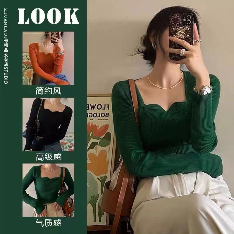 Áo Kiểu Tay Dài Cổ Vuông Họa Tiết Gợn Sóng Phong Cách Retro Pháp Thời Trang Mùa Thu Cho Nữ