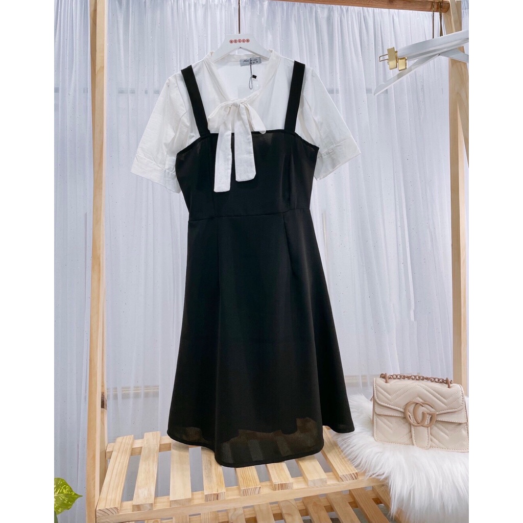 Bộ Đầm Yếm Đen Nữ + Áo Sơ Mi Nơ Ngực 🦋 Set Áo Trắng Sơ Mi Cột Nơ Mix Váy Nữ 2 Dây Cộc Tay Dáng Ngắn