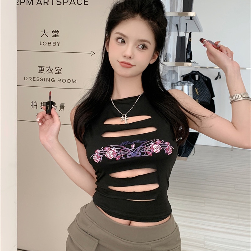Áo Croptop Sát Nách Dáng Ôm Thiết Kế Khoét Lỗ Thời Trang Quyến Rũ