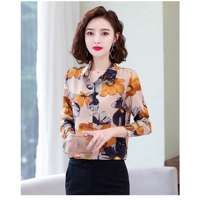 áo sơ mi công sở nữ hoa 3D tay dài size S M L Xl