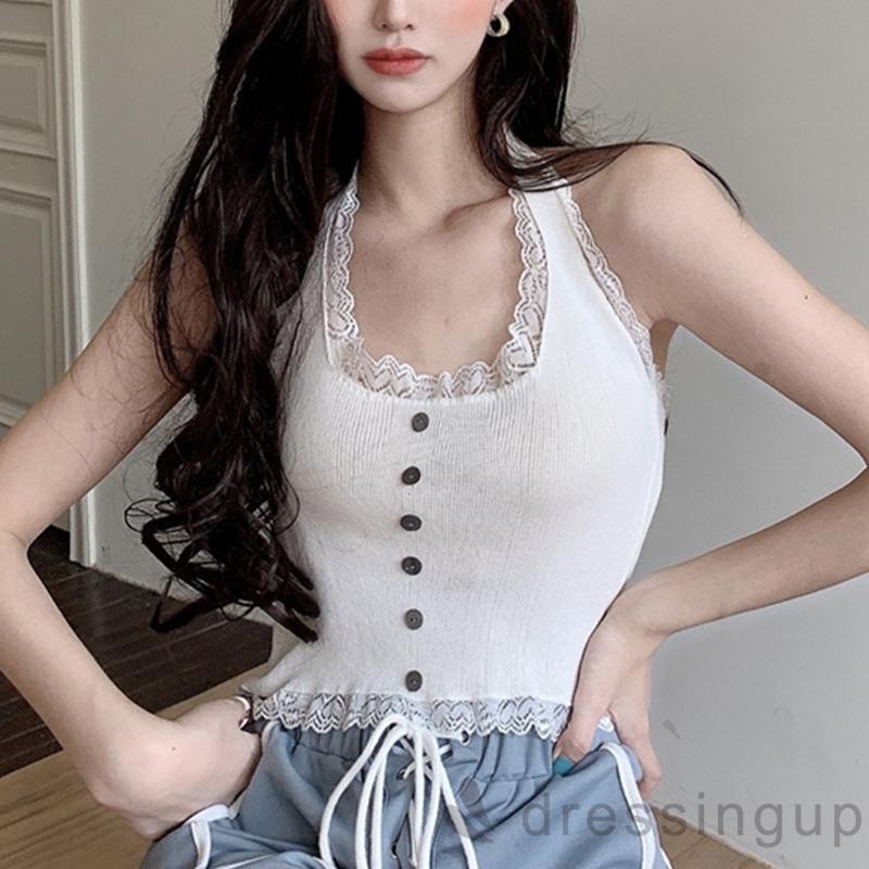 Áo ba lỗ croptop nữ màu phối ren trang trí nút áo phía trước