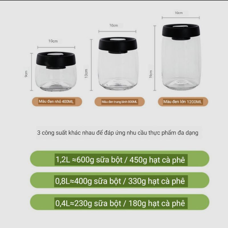 Lọ thủy tinh hút chân không Masada, Hủ/Hũ đựng Cafe Trà Ngũ cốc ...Cao cấp HC48, Thể tích 400mL 800mL 1200mL [CEC Store]