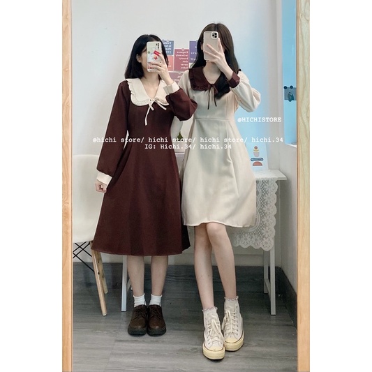 Váy mùa đông dài vintage ẢNH THẬT VIDEO có dây buộc eo hichi