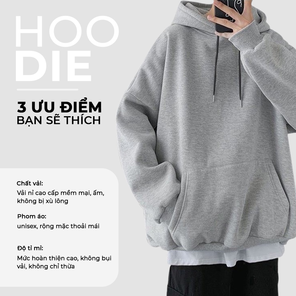 Áo khoác Hoodie Nam, Hoodie Basic Unisex Nỉ From Rộng Màu Đen