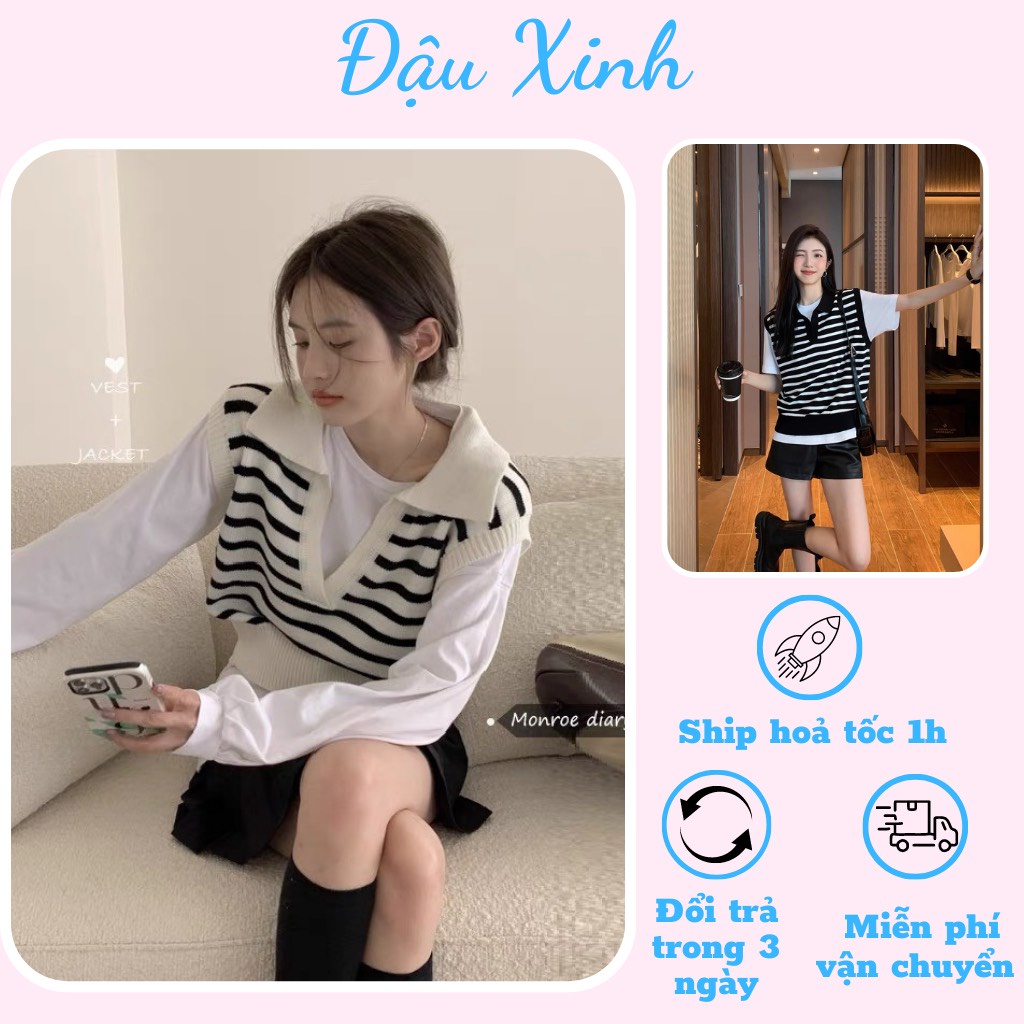 áo gile len nữ áo len nữ kẻ ngang họa tiết thổ cẩm dáng rộng hàn quốc ulzzang - 020