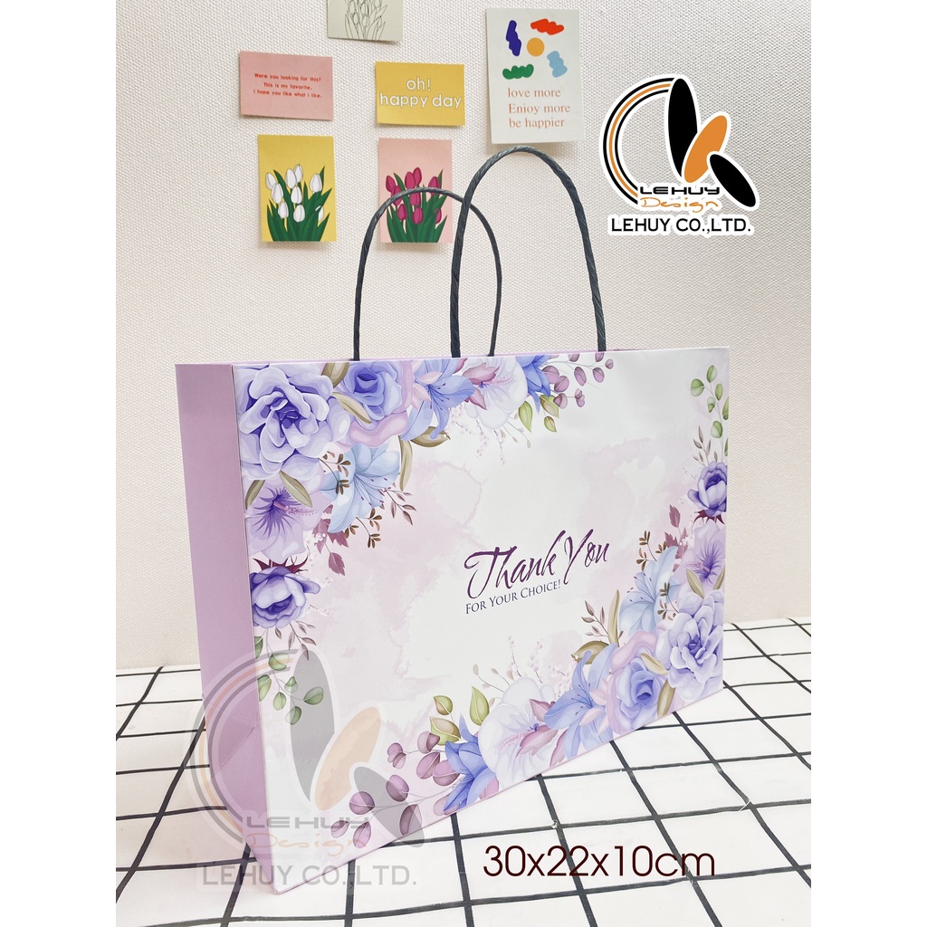 10 Túi giấy ngang lớn đựng quà in họa tiết hoa màu tím KT 30X22X9.5 CM