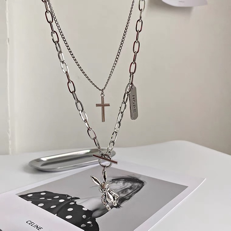 Vòng cổ Hai Lớp Mặt Hình Thỏ Thánh Giá Phong Cách Hip Hop Hàn Quốc Cho Nữ