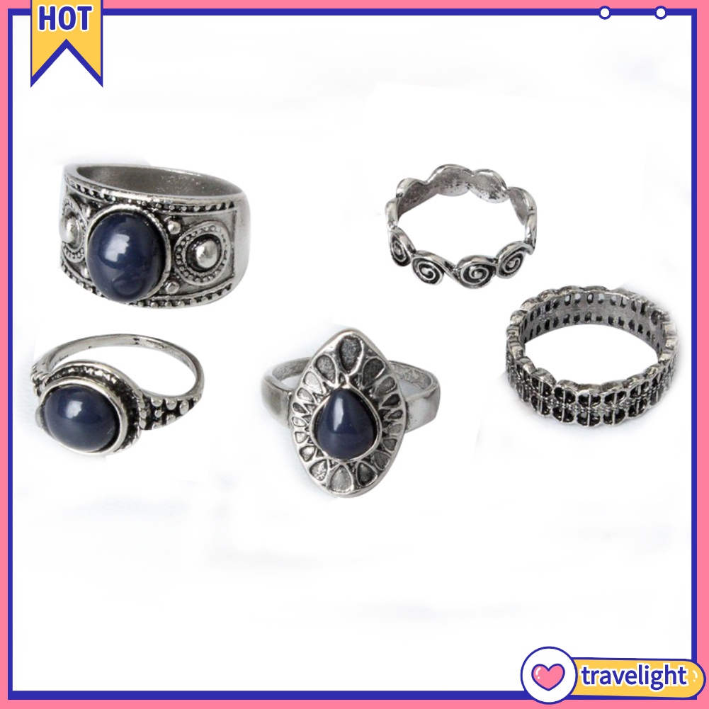 Set 5 Nhẫn Đính Đá Xanh Phong Cách Bohemian Cổ Điển Cho Nữ