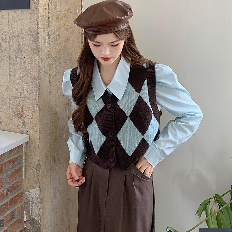 Áo croptop dệt kim không tay cổ chữ V dáng rộng phong cách retro Hàn Quốc cho nữ