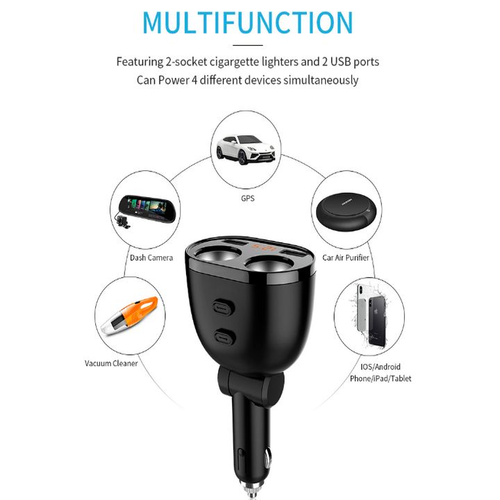 Bộ chia tẩu sạc Hyundai HY-16 tích hợp 2 tẩu và 2 cổng sạc USB, 120W, 3.1A, Hyundai car charger HY-16