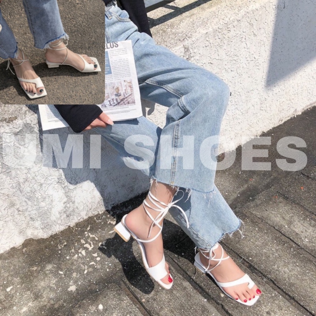 [NOWSHIP] Guốc cao gót kiểu dép sandal chiến binh dây mảnh quấn cổ chân gót vuông mũi vuông mới đẹp xỏ ngón trắng/đen